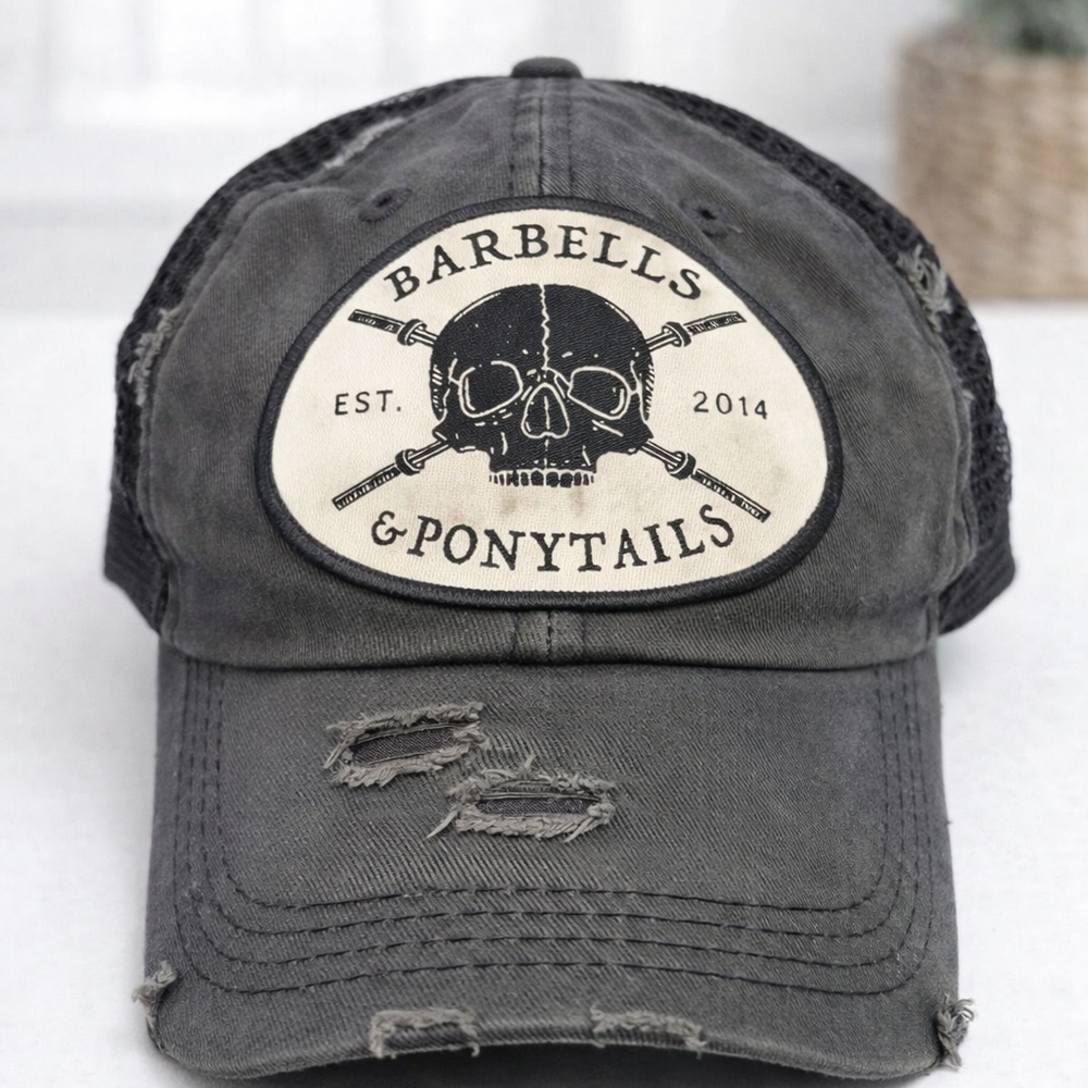 KBETHOS Distressed Charcoal Trucker Hat with Skull Patch